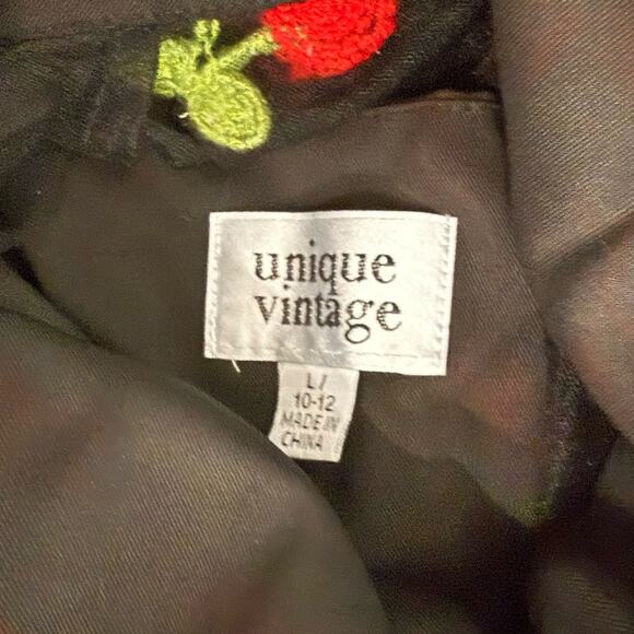 Unique Vintage Collared Sheer Embroidered Black Red Cherry Dress size L 10 12 - Picture 3 of 15